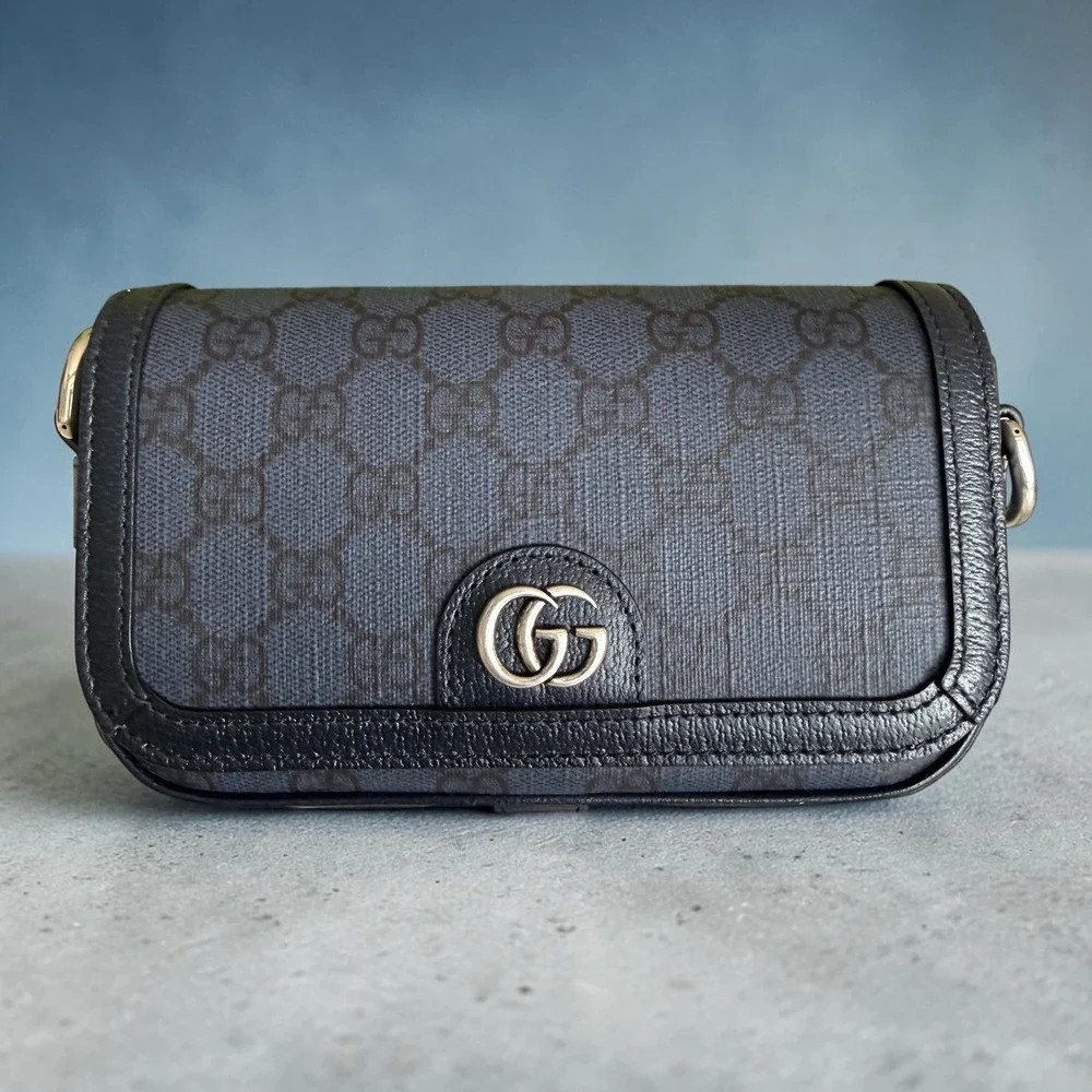 Gucci Ophidia Super Mini Shoulder Bag Navy Blue GG Supreme canvas, NEW 795466